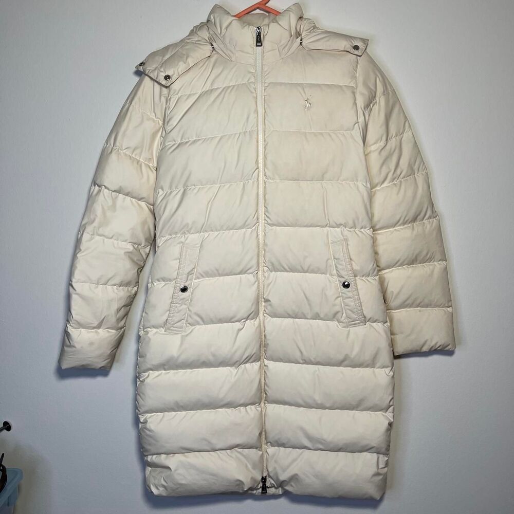 Polo Ralph Lauren Cream Puffer Parka Coat w Faux Fur Hood Size Small